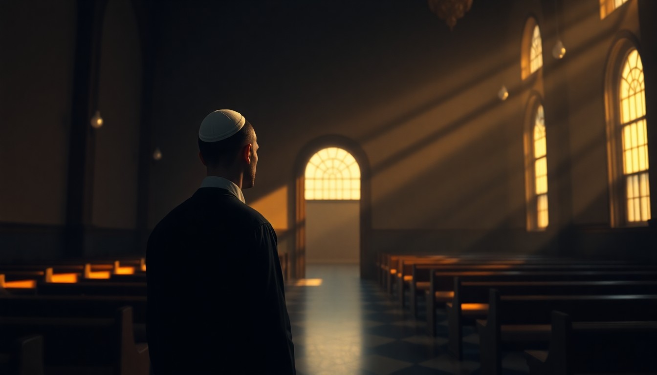 A dimly lit, cinematic painting of a solitary Jewish man in traditional Passover attire standing alone in a synagogue, conceptually representing a politician's efforts to connect with the Jewish community.