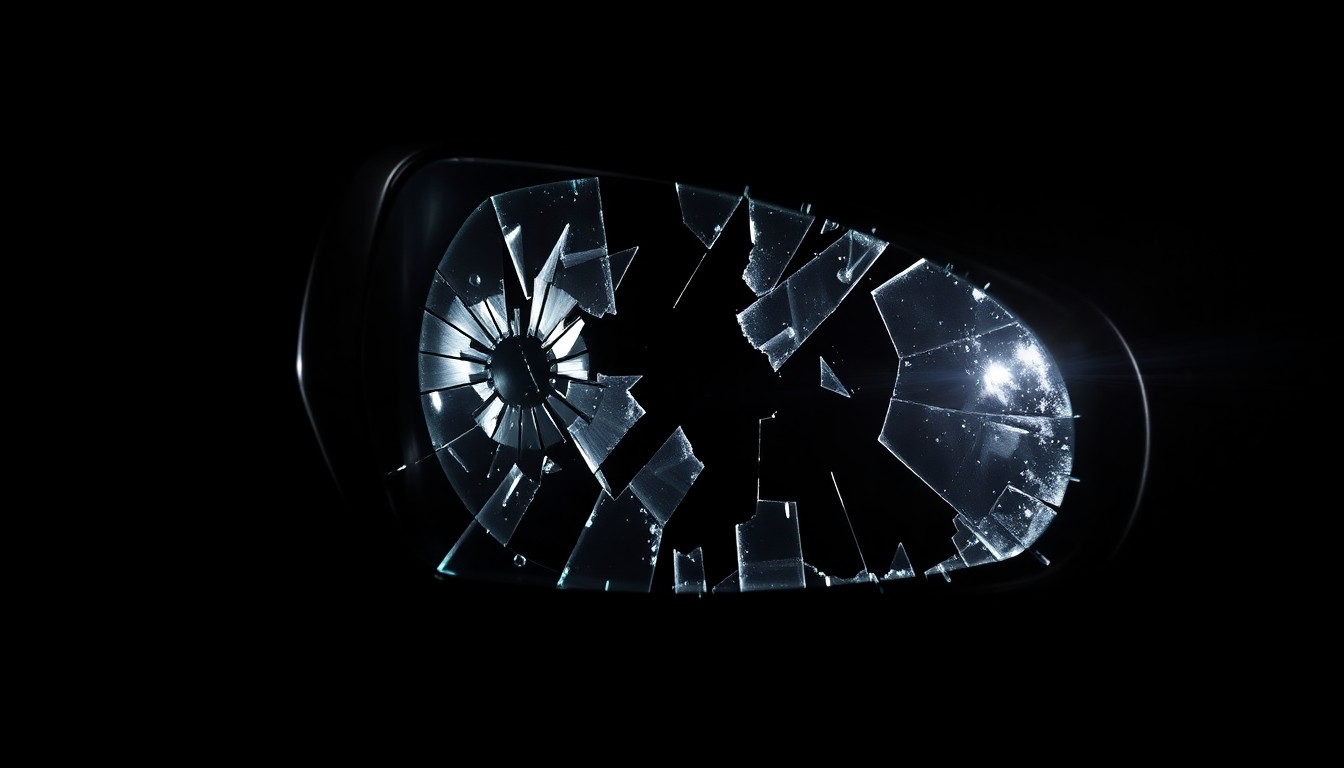 An extreme close-up photograph of a shattered car side mirror lens against a pitch-black background, capturing the dramatic texture and lighting to conceptually illustrate the aftermath of a hit-and-run crash.
