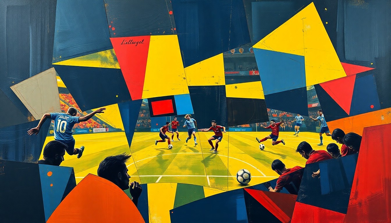 A fragmented, geometric painting depicting a soccer match or training session, with players and the field broken down into sharp, overlapping planes of navy, red, and yellow, capturing the complex emotions and dynamics of the sport.