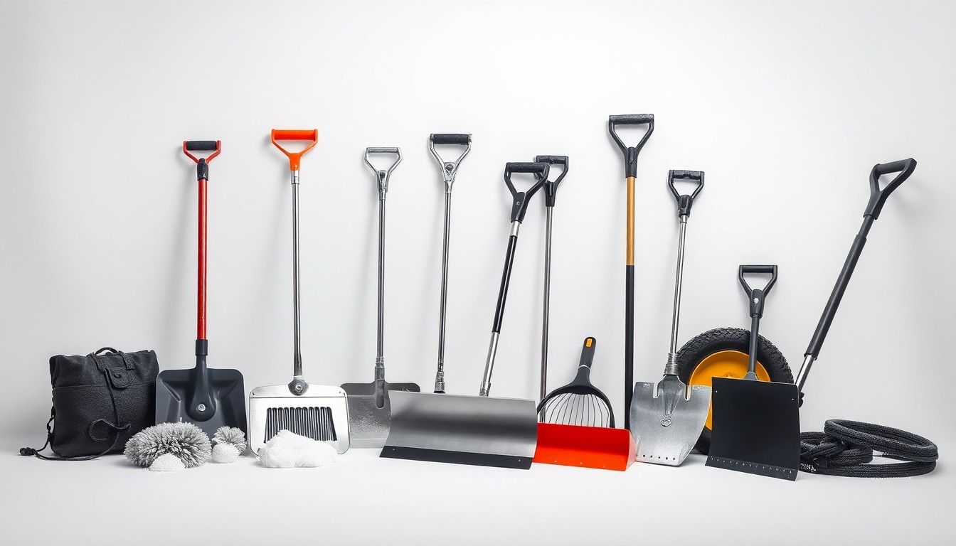 A high-end, photorealistic studio still-life photograph featuring a collection of premium, polished snow removal tools and equipment arranged elegantly on a clean, monochromatic seamless background, conceptually representing the importance of effective commercial snow management.