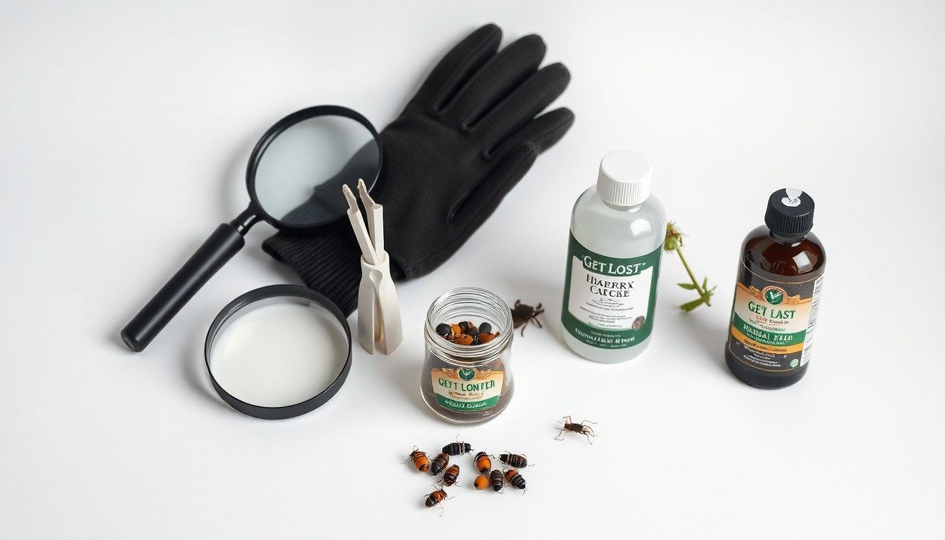 A high-end, photorealistic studio still-life photograph featuring a collection of premium pest control tools and materials, such as a magnifying glass, a pair of gardening gloves, and a small jar of natural insecticide, arranged elegantly on a clean, monochromatic seamless background. The objects are conceptualized to represent the professional, effective, and environmentally-conscious approach of Get Lost Pest Control.
