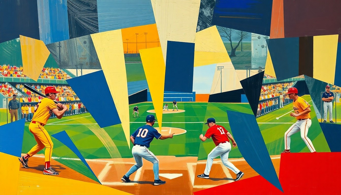 A fragmented, geometric painting depicting the dynamic movements and energy of a high school baseball game, with the players' uniforms rendered in bold, overlapping shapes and colors.