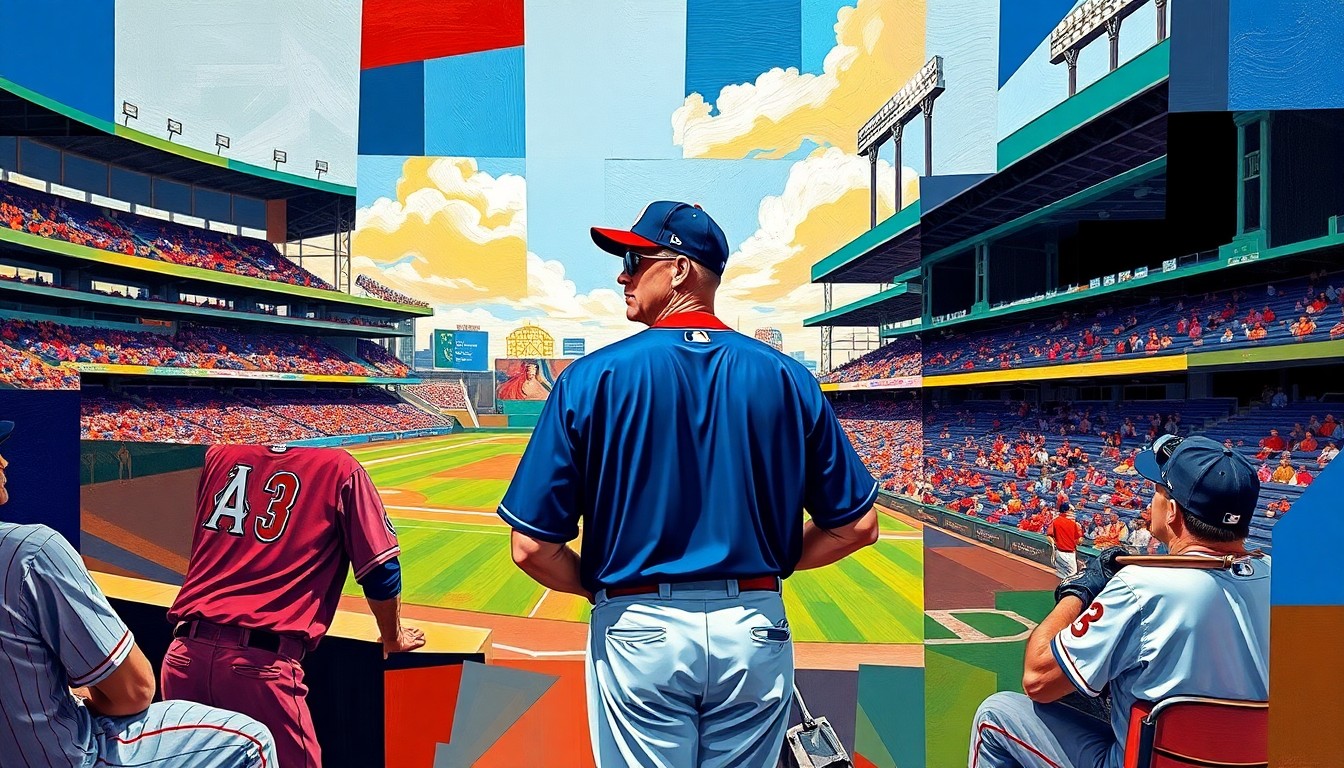A cubist-style painting depicting a third-base coach standing in the coaching box, with the figure broken down into sharp, overlapping geometric shapes and planes in vibrant team colors, conceptually representing the increased danger and confinement the coaches now face under the new MLB rules.