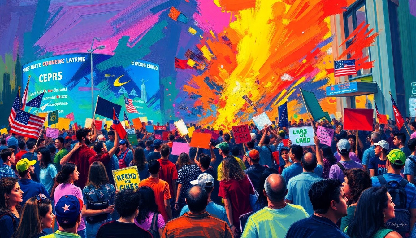 An abstract, energetic painting in neon colors depicting a large crowd of protesters outside a convention center, their movements and energy captured through expressive brushstrokes.