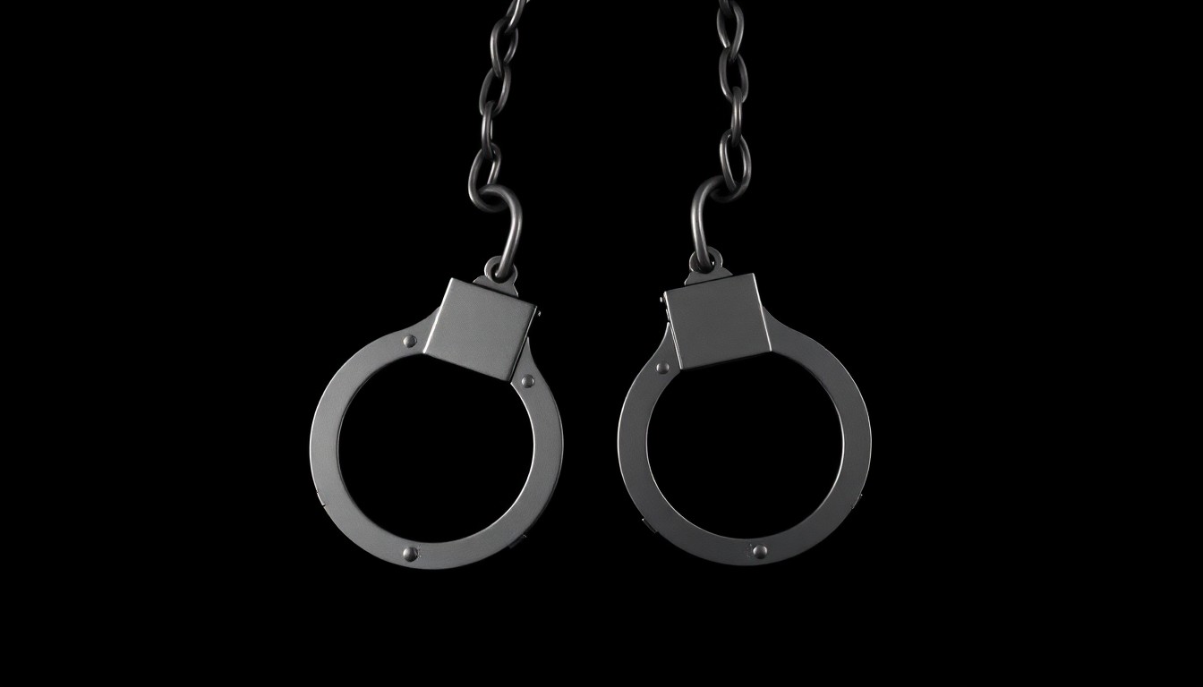 An extreme close-up photograph of a pair of handcuffs against a pitch-black background, lit by a harsh, direct camera flash, conceptually representing the investigation and apprehension of a repeat offender accused of sex crimes.