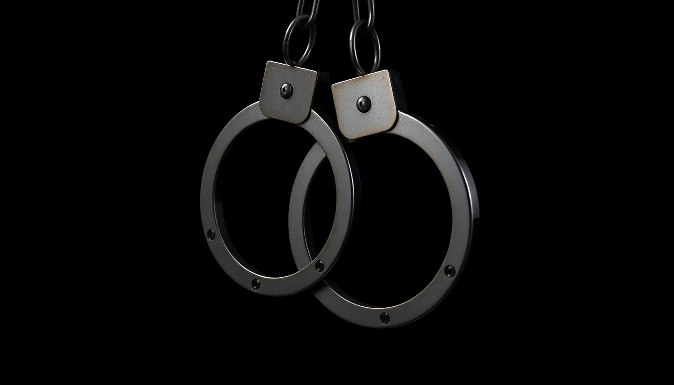 An extreme close-up photograph of a set of handcuffs against a stark, black background, creating a gritty, investigative aesthetic through the use of harsh, direct lighting.
