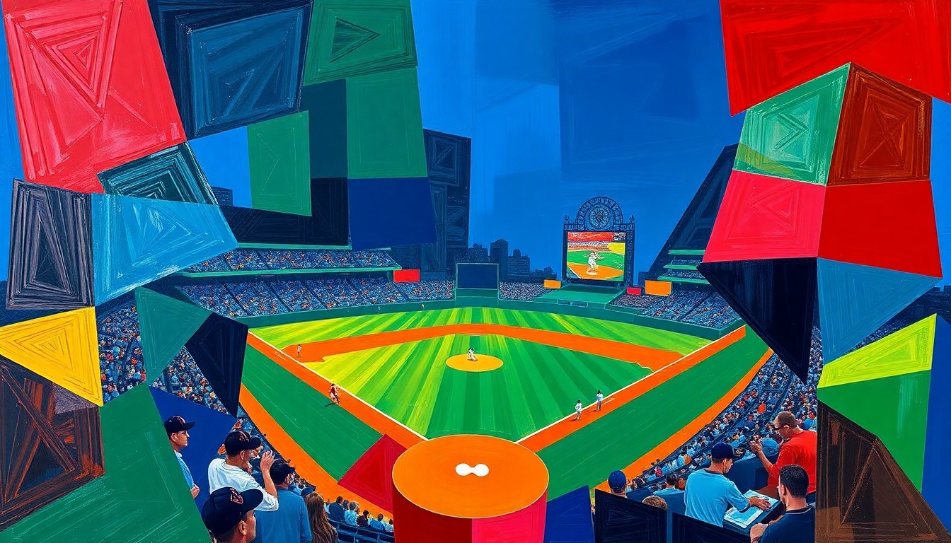 A fragmented, abstract painting featuring sharp, overlapping geometric shapes in a variety of bold colors, conceptually representing the intensity and unpredictability of a professional baseball game.