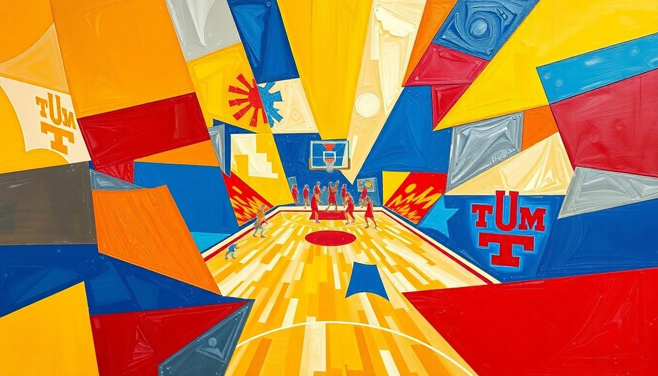 A cubist, geometric painting depicting a basketball game, with the players and court broken down into sharp, overlapping planes of gold, blue, cherry red, and silver, conveying the dynamic action and competition of the NIT semifinal matchup.