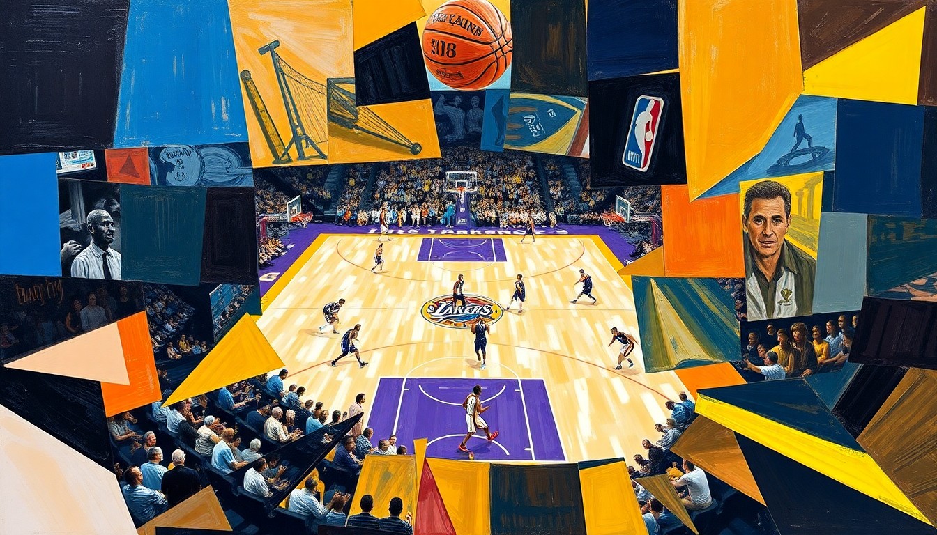 A fragmented, geometric painting depicting a basketball game between the Los Angeles Lakers and Oklahoma City Thunder, with sharp, overlapping shapes and planes representing the dynamic action on the court.