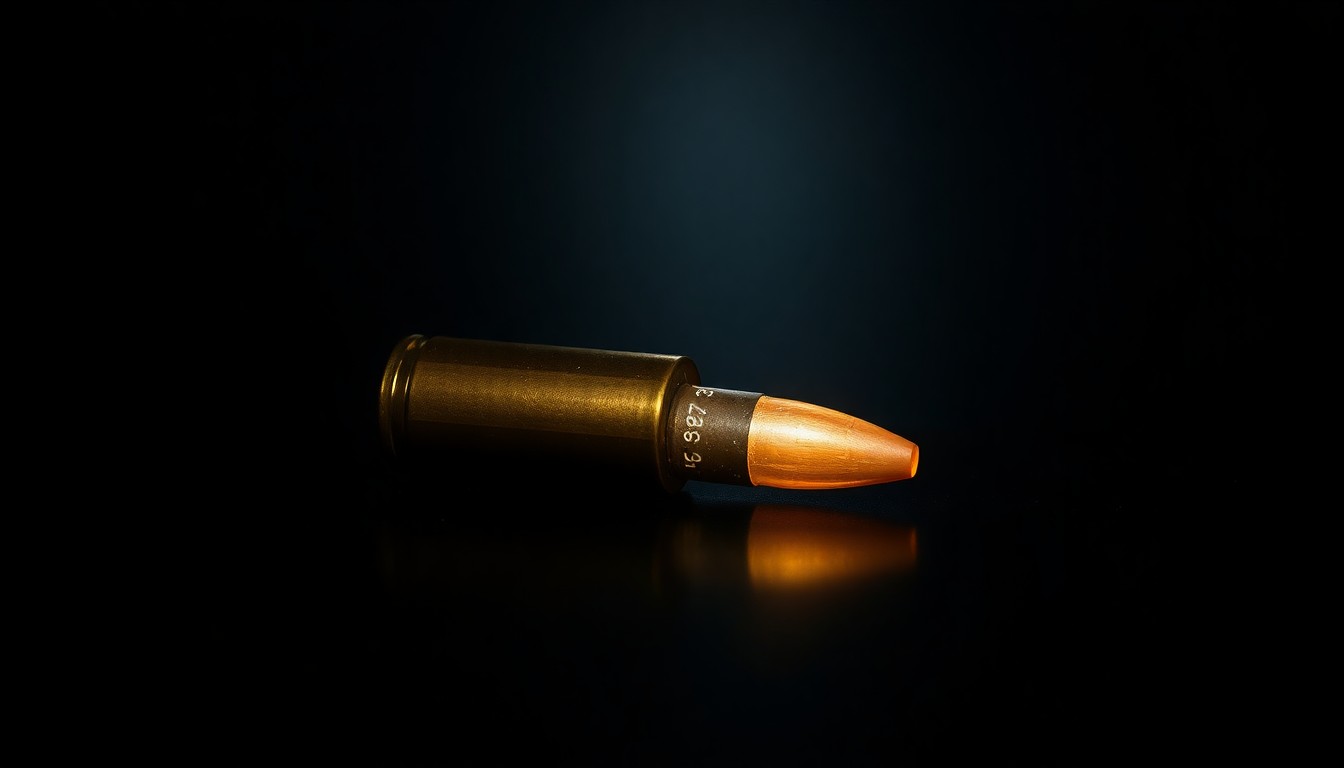 An extreme close-up photograph of a single spent bullet casing on a dark surface, lit by a harsh, direct camera flash, conceptually representing the forensic details of a violent crime.
