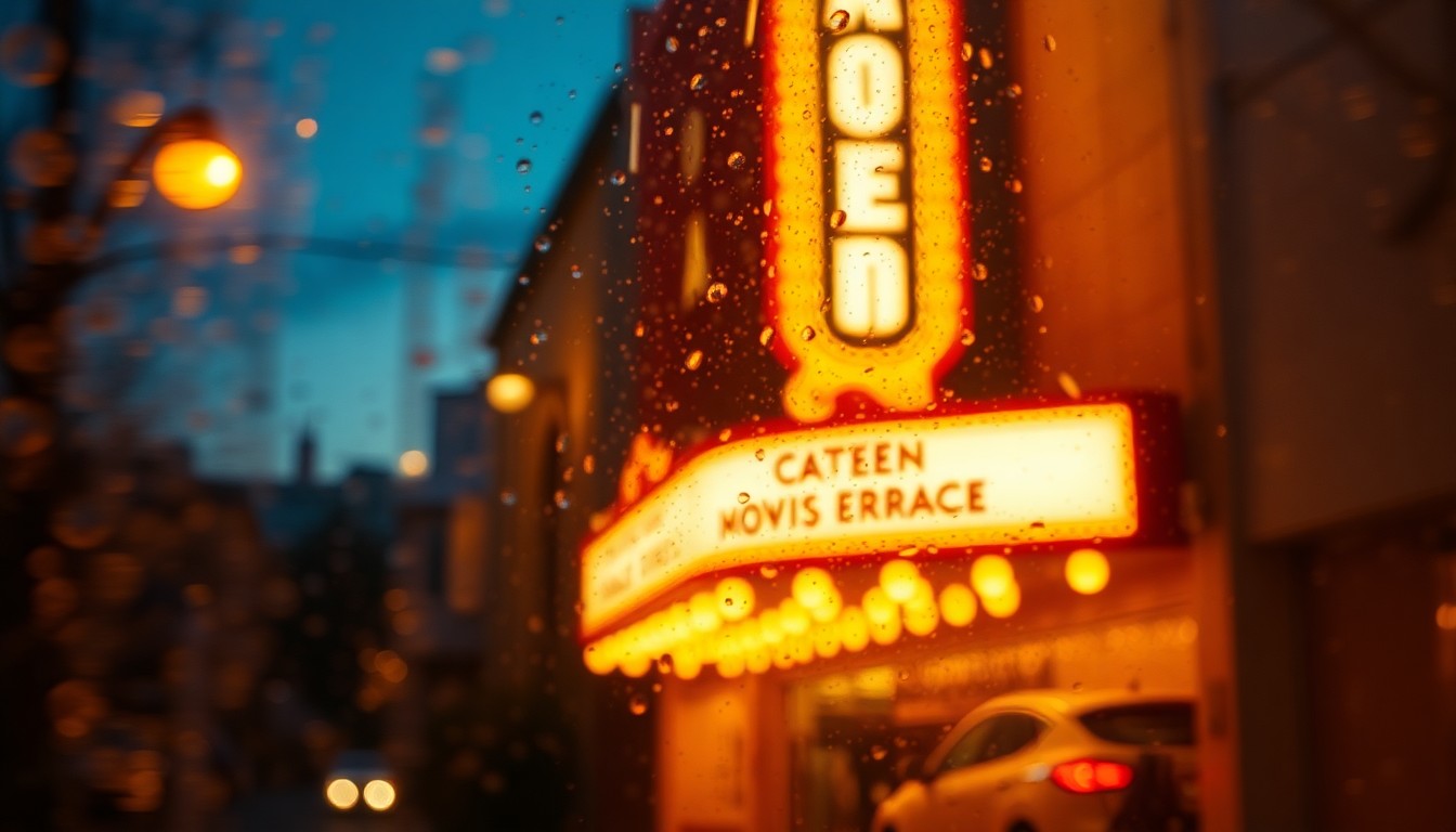 An extremely blurred, impressionistic photograph of a glowing movie theater marquee at night, with warm pools of amber, ochre, and blue light creating a nostalgic, dreamlike atmosphere.