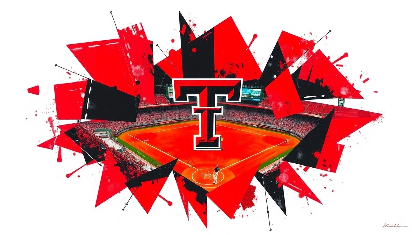 A cubist, geometric painting depicting a Texas Tech softball game, with sharp, overlapping planes of red, black, white, and blue creating a dynamic, fragmented visual representation of the action on the field.