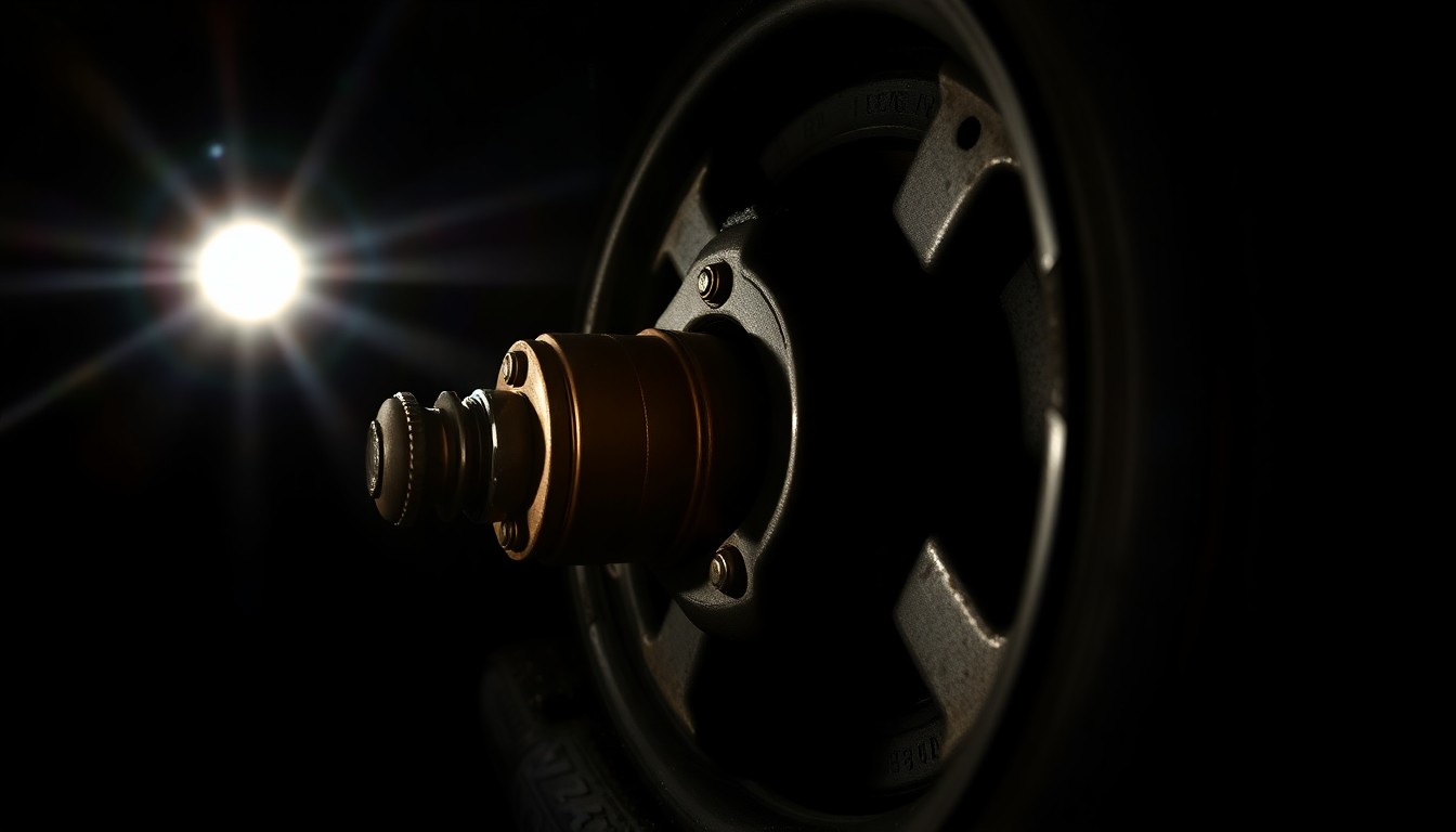 An extreme close-up of a damaged car wheel hub and exposed axle, lit by a harsh, direct camera flash against a pitch-black background, conceptually illustrating the dangers of a police chase involving a vehicle in poor mechanical condition.