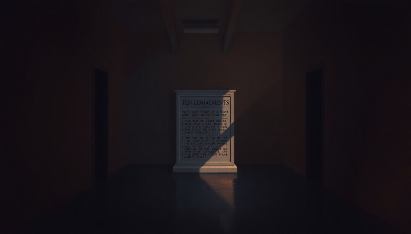 A serene, nostalgic painting depicting a solitary Ten Commandments monument or plaque in a dimly lit, empty school hallway, with warm sunlight and deep shadows creating a contemplative, cinematic atmosphere.
