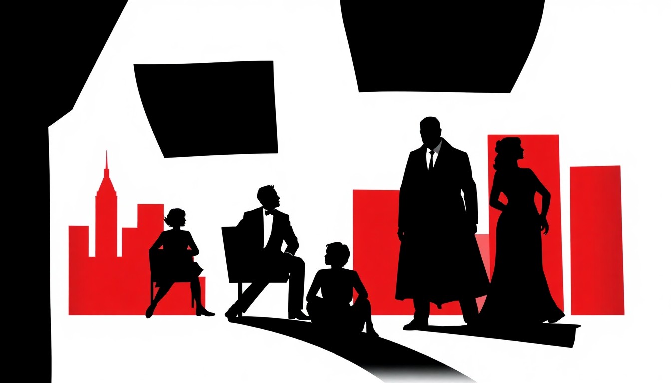 A striking abstract composition featuring bold geometric shapes in red, white, and black, conveying the sense of high-stakes conflict and shifting alliances within the prominent families of Genoa City.