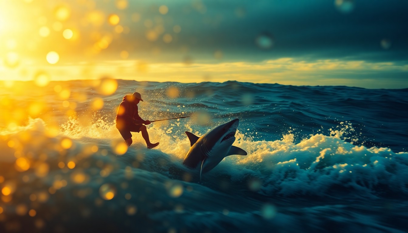 An abstract, impressionistic photograph showing the blurred silhouette of a person jumping into crashing ocean waves, with soft, warm pools of light and color evoking the drama and emotion of the moment.