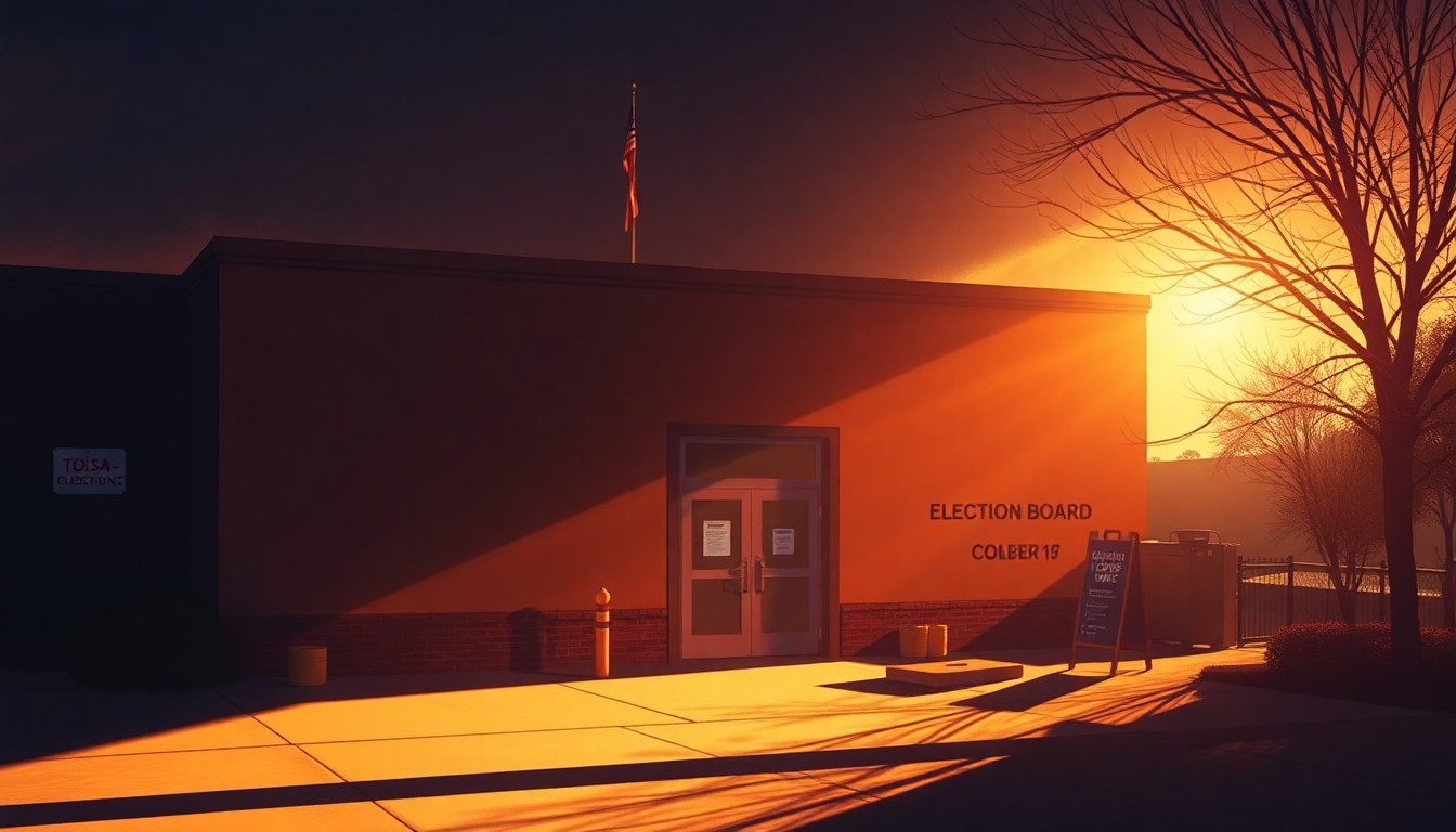 A realistic painting of the exterior of a government building in warm, golden light, with deep shadows across the facade, conveying a sense of civic importance and solemnity.