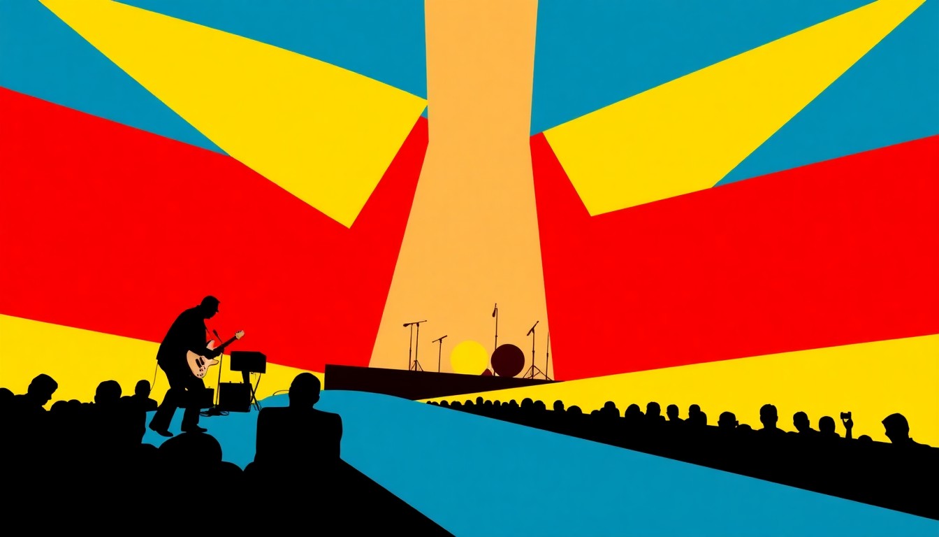 A dynamic abstract illustration featuring bold, jagged shapes in deep blues, reds, and blacks, capturing the intense energy and spirit of a Gov't Mule live performance.