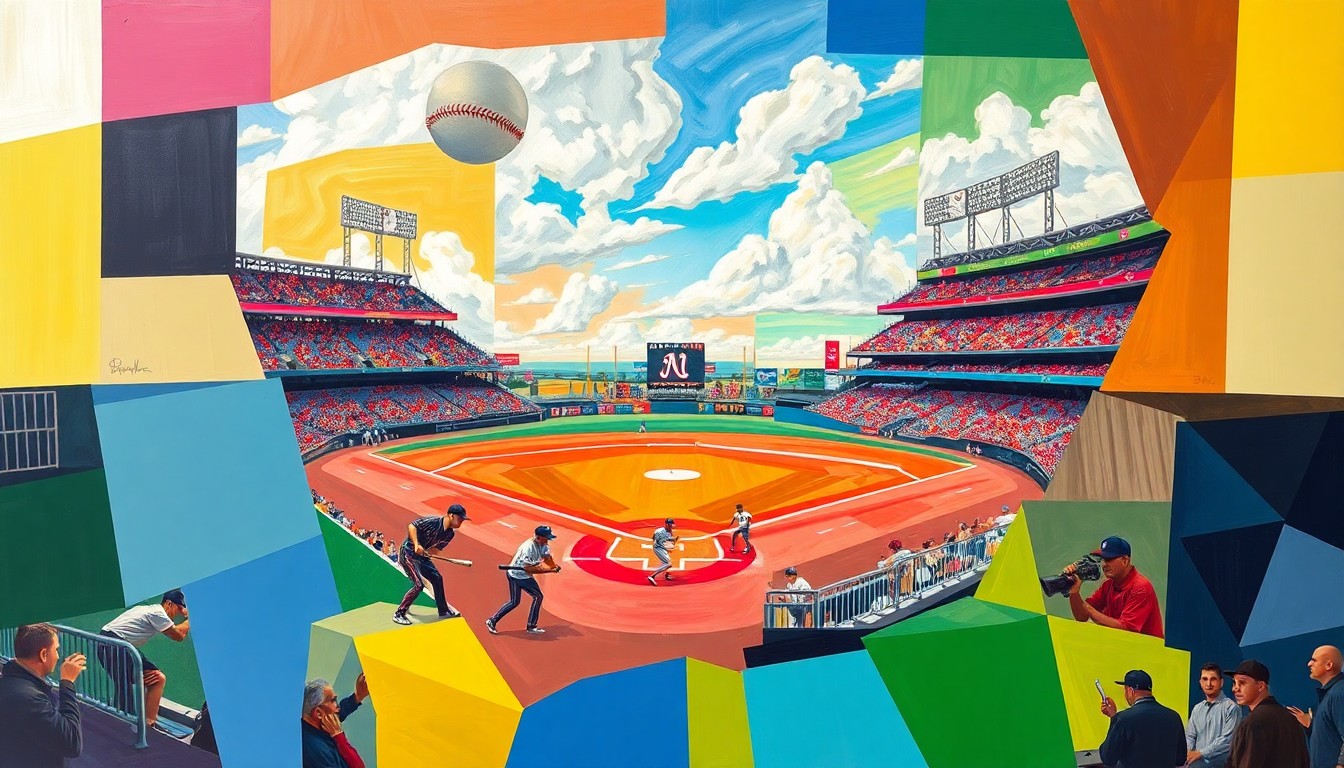 A fragmented, geometric painting depicting the chaotic motion and competing forces of a college baseball game, rendered in a cubist style with bold, overlapping shapes and vibrant colors.