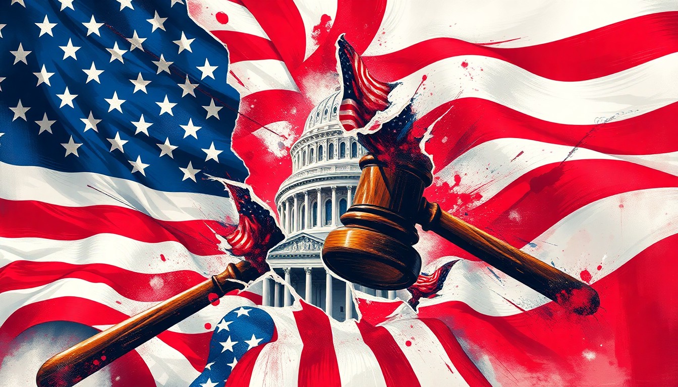A vibrant, fragmented painting depicting a gavel, American flag, and Capitol building in overlapping geometric shapes and brushstrokes of red, white, and blue, conveying a sense of political turbulence and disunity.