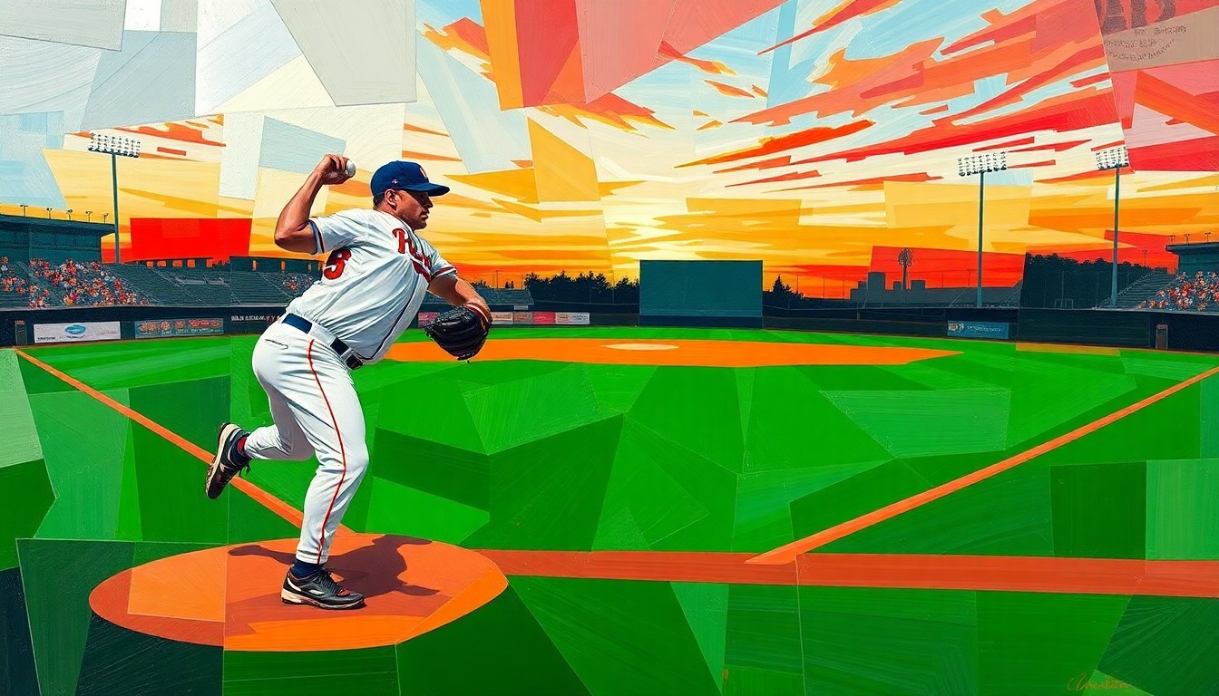 A fragmented, geometric painting depicting the motion of a baseball pitcher, with sharp planes of green, red, and orange representing the energy and dynamism of the game.