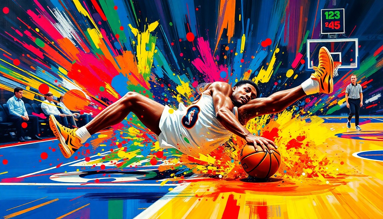 An abstract, expressionist painting in neon colors showing the chaotic, explosive moment of a basketball player falling hard to the court, with their body and the court dissolving into unrecognizable brushstrokes and splatters of paint.