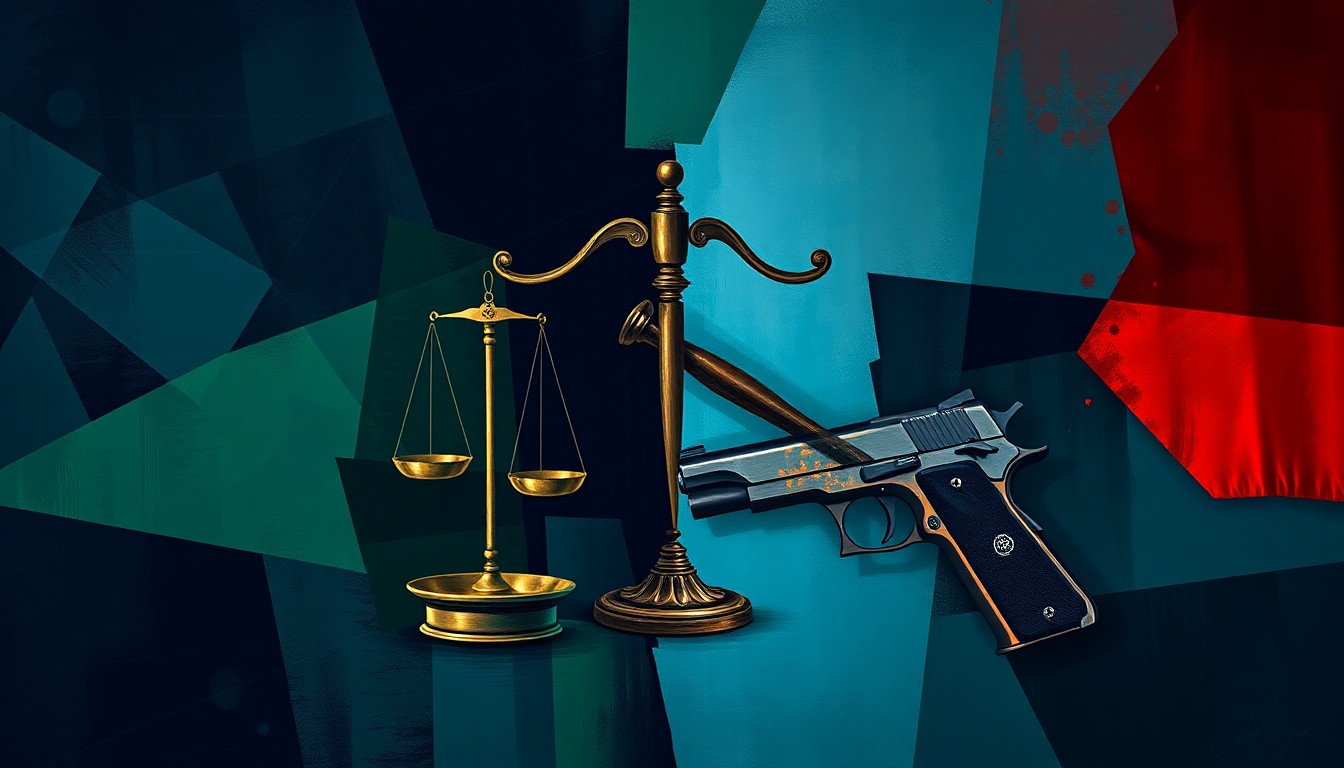 A dynamic, abstract painting featuring overlapping geometric shapes and brushstrokes in shades of blue, green, and red, representing the complex and contentious issue of gun rights in government buildings.