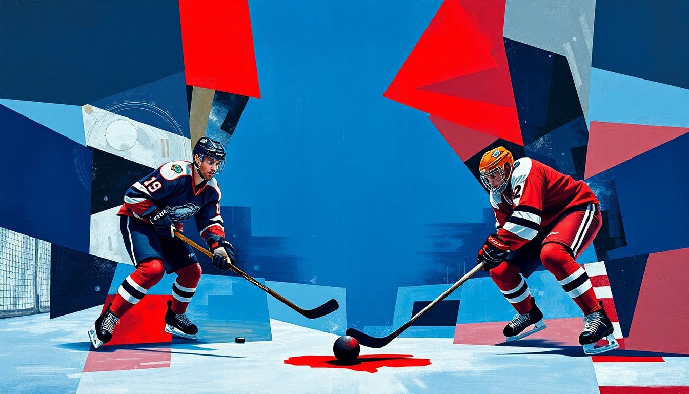 A fractured, cubist-style painting depicting the dynamic action of a hockey game, with players and the puck represented as fragmented geometric shapes in a bold color palette, conveying the energy and intensity of the playoff-clinching victory.