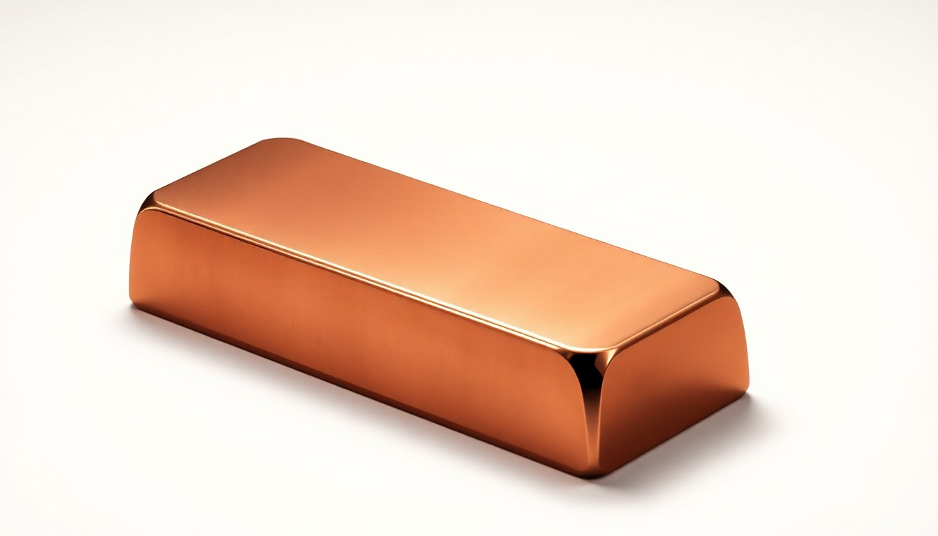 A highly detailed, photorealistic studio still life photograph of a polished copper ingot or slab resting on a clean, monochromatic background, dramatically lit to conceptually represent the industrial metals and global trade at the heart of Glencore's copper operations in Quebec.