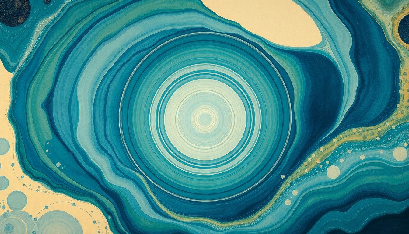 A highly structured abstract painting in muted ocean tones, featuring sweeping geometric arcs, concentric circles, and precise botanical spirals, conceptually illustrating the interconnected and delicate balance of marine life.