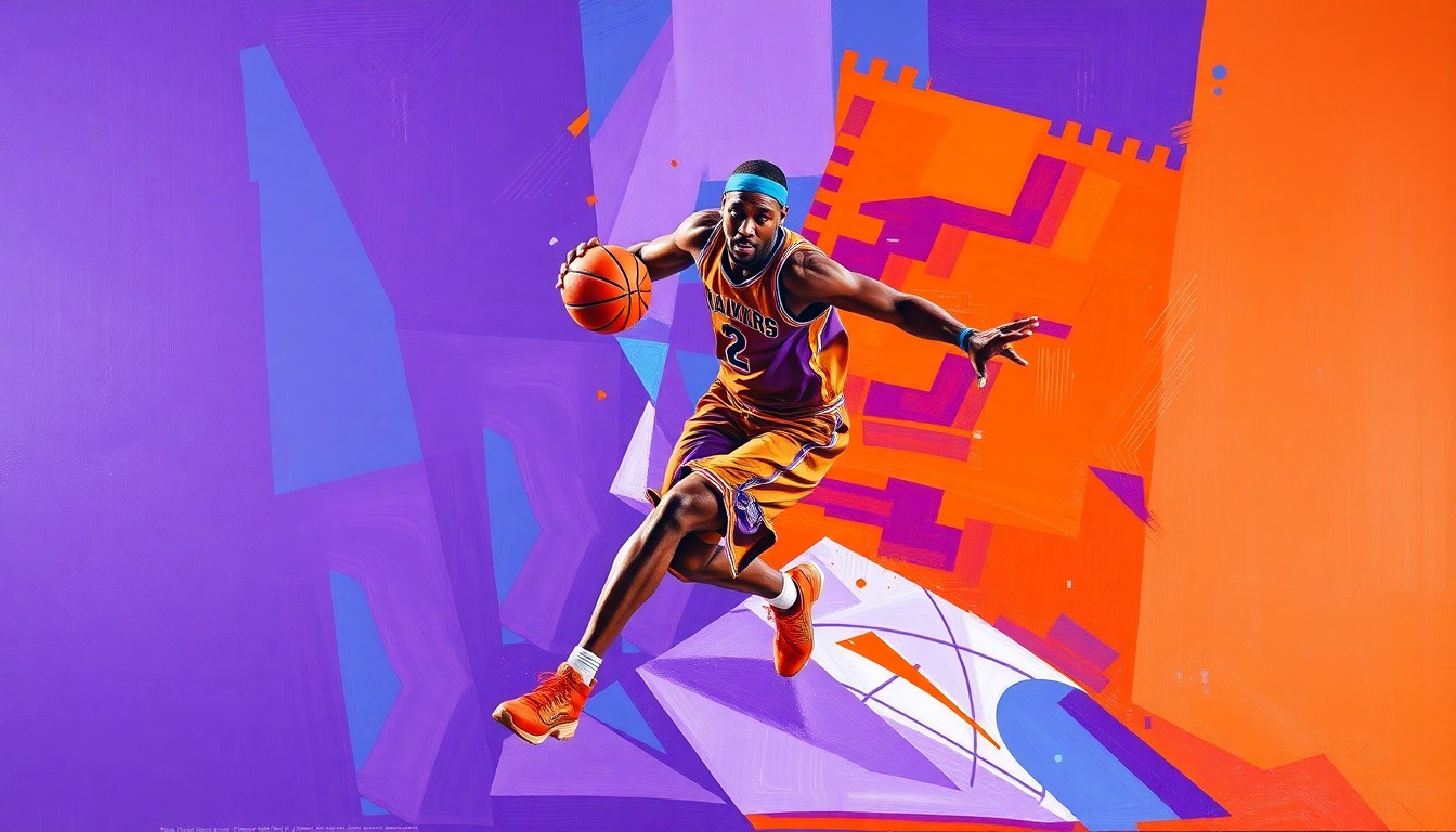 A fragmented, multi-angled painting depicting a basketball player in motion, broken down into sharp, overlapping shapes and planes of vibrant purple, orange, and blue colors.