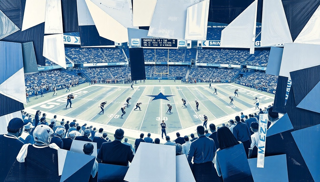 A cubist, geometric painting depicting a fractured, multi-perspective view of a Dallas Cowboys football game or practice, with sharp, overlapping planes in navy blue, silver, and white colors representing the team's focus on improving its defense.