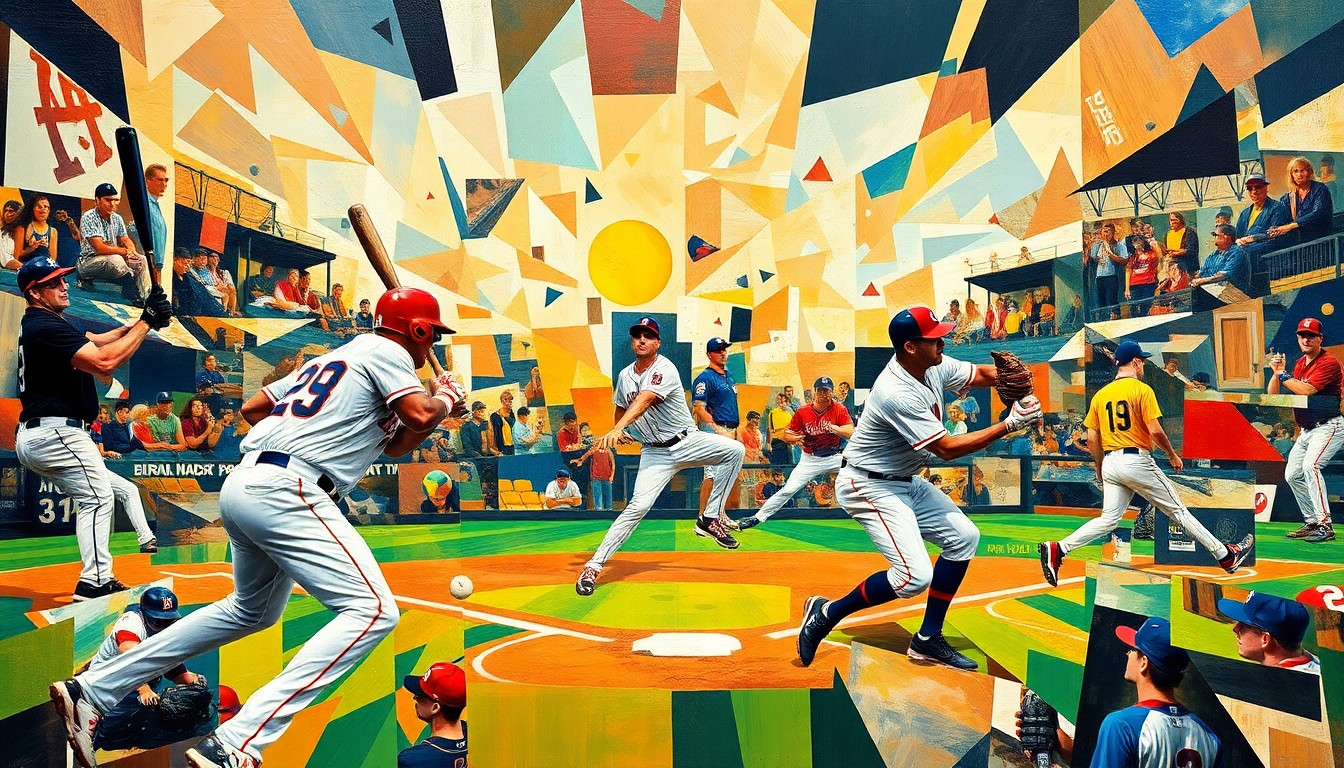 A cubist, geometric painting depicting the dynamic motion and energy of a baseball game, with players' forms fractured into overlapping planes of color and shape.