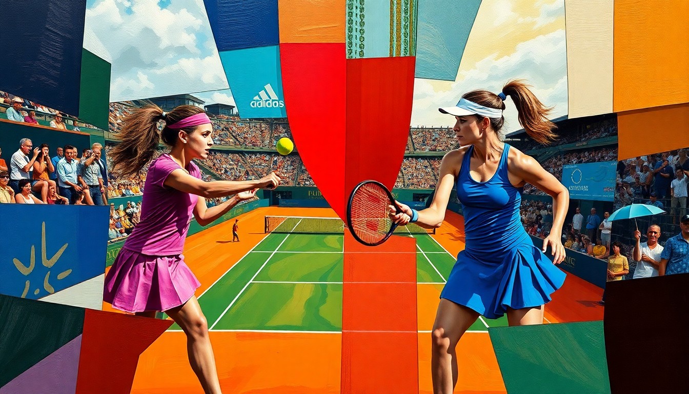 A cubist, geometric painting depicting the intense tennis match between Madison Keys and Belinda Bencic, with sharp, overlapping planes of color representing the players, court, and ball in motion.