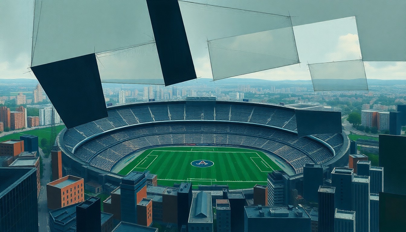 A fragmented, cubist-style painting depicting the outline of a football stadium and surrounding urban landscape, broken down into sharp, angular geometric shapes in shades of navy, green, and grey, conveying the complexity and competing factors involved in the Bears' stadium decision.