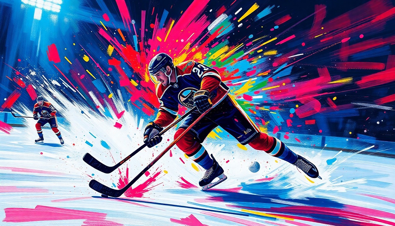 An abstract, expressionist painting in neon colors capturing the raw energy and intensity of a hockey game-winning overtime goal, with the player's figure dissolved into unrecognizable splatters of paint and the puck trailing behind in a blur.