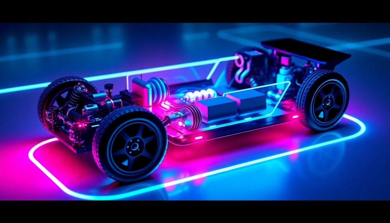 A highly detailed, glowing 3D macro illustration of the internal components of a remote-controlled car chassis, with neon cyan and magenta lights illuminating the complex cybernetic hardware, representing the advanced technology behind autonomous driving systems.