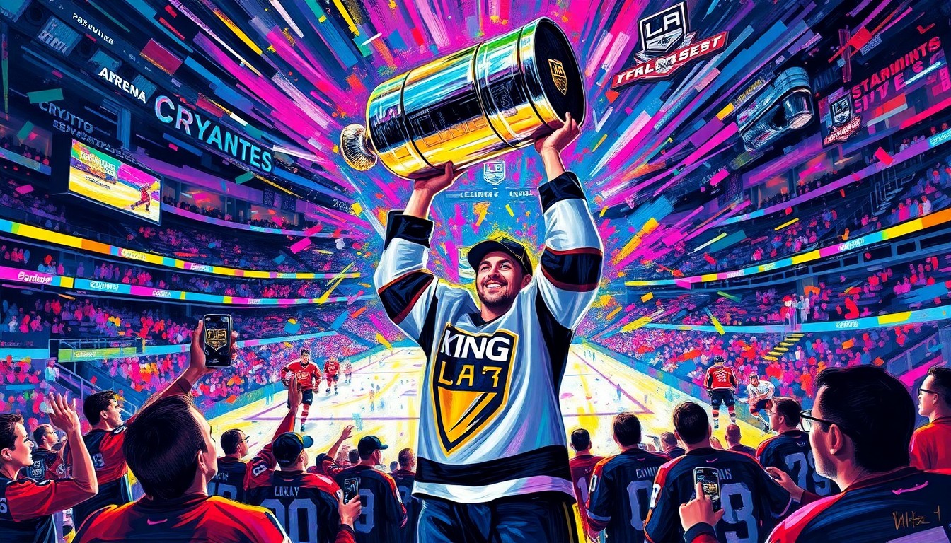 An explosive, expressionist painting in vibrant neon colors depicting Los Angeles Kings captain Anze Kopitar raising the Stanley Cup trophy, surrounded by a swirling, energetic background of players, fans, and the Crypto.com Arena.