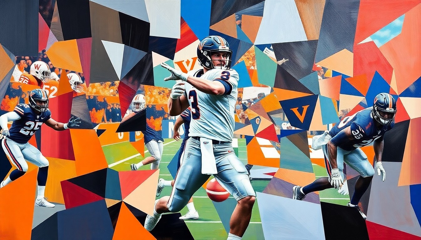 A fragmented, cubist-style painting depicting a college football quarterback in motion, with his body and the ball broken down into sharp, overlapping geometric shapes and planes in the team's official colors.