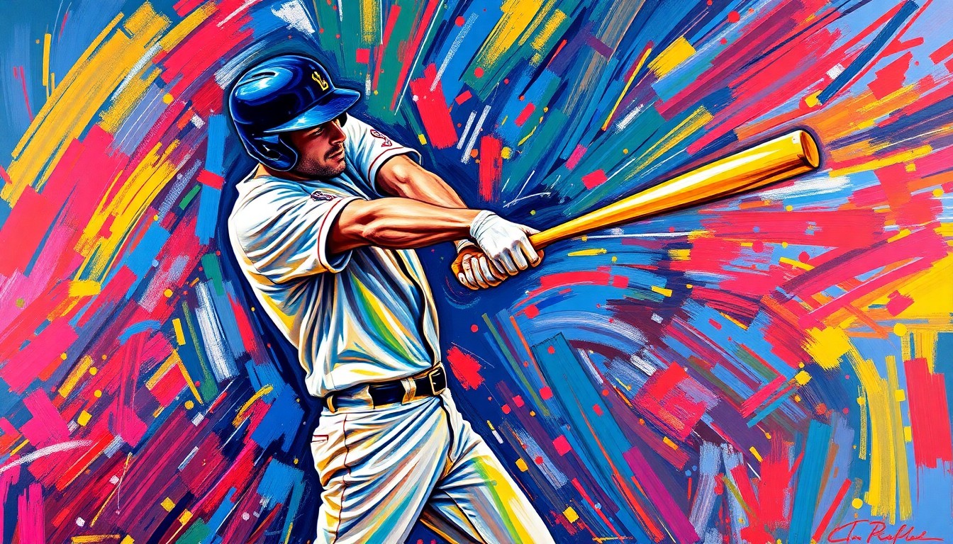 An abstract, energetic painting using bold, neon-colored brushstrokes to depict the powerful swing and impact of a baseball player hitting a home run.