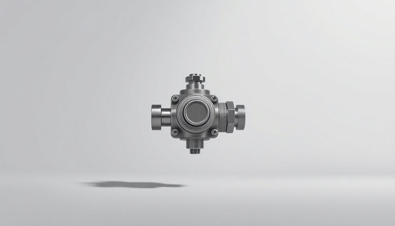 A highly detailed, photorealistic studio photograph of a single, polished metal valve or control panel component floating on a clean, white background, dramatically lit to emphasize its symbolic importance in the safe operation of the Hanford nuclear facility.