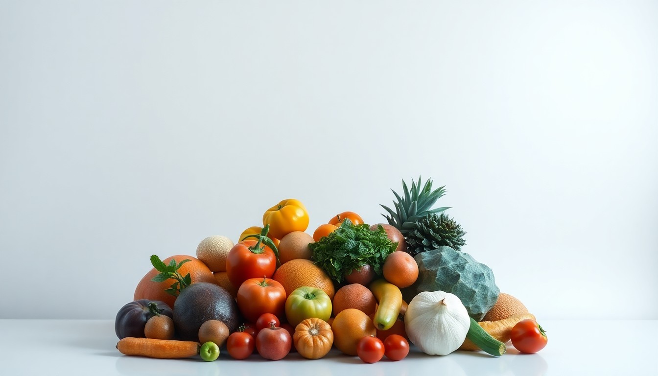A high-end, photorealistic studio still-life photograph featuring a neatly arranged display of vibrant fruits and vegetables against a clean, monochromatic background, conveying a sense of quality and premium craftsmanship.