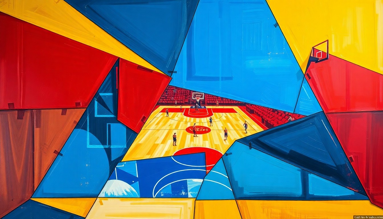A cubist, geometric painting depicting a basketball game or match broken down into overlapping planes of vibrant colors, capturing the fractured emotions and perspectives surrounding the Wizards' failed April Fools' prank.
