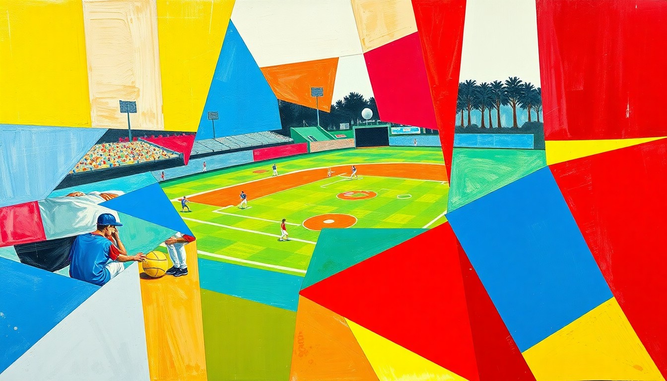A vibrant, cubist-style painting depicting a high school softball game, with the players and field broken down into overlapping geometric shapes and planes of bold, primary colors.