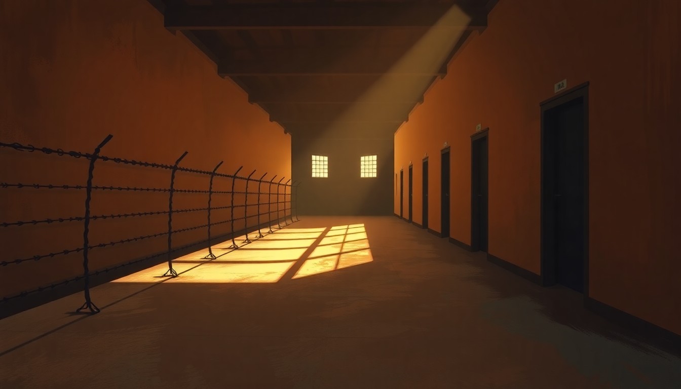 A warm, cinematic painting of an empty, shadowy hallway in a detention facility, evoking a sense of melancholy and isolation.