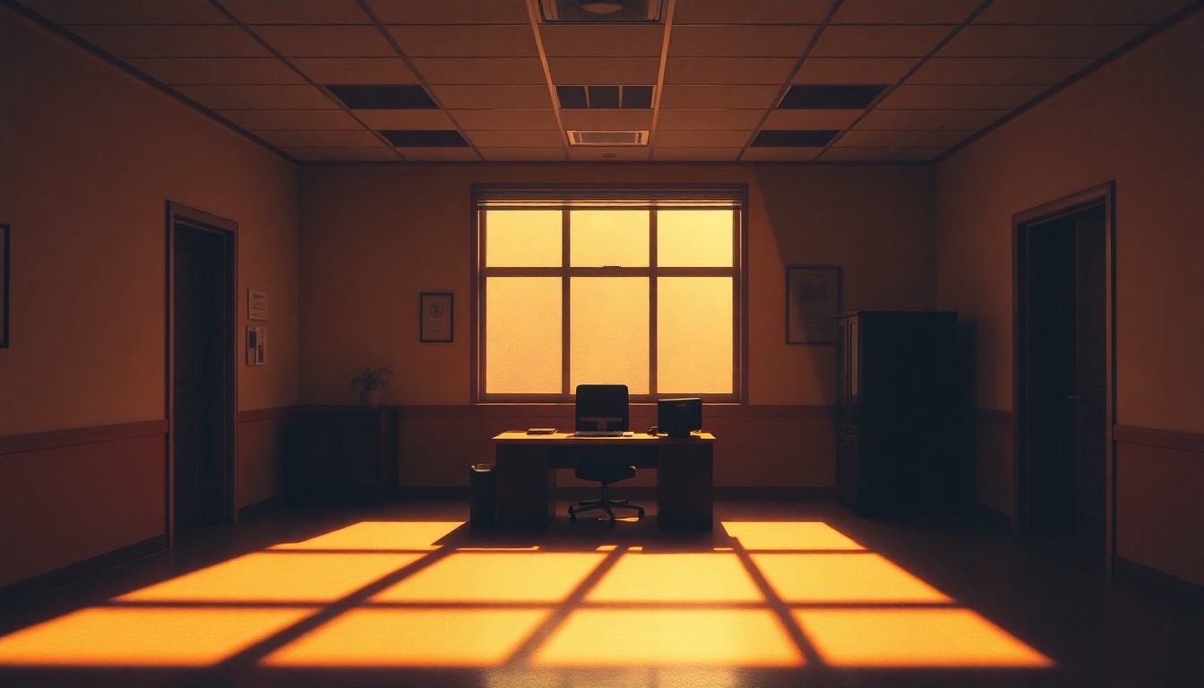 A dimly lit, cinematic painting of an empty university administrative office space, with warm sunlight streaming through the windows and deep shadows, conveying a sense of uncertainty and transition.