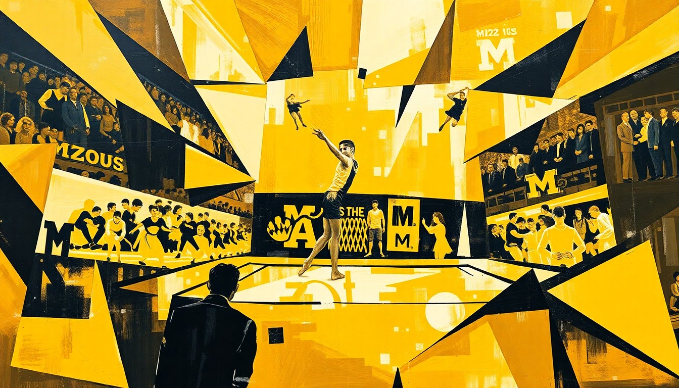 A cubist, geometric painting in Mizzou's team colors of gold and black, depicting a fragmented, multi-angled view of a gymnastics competition, capturing the dynamic energy and movement of the sport.