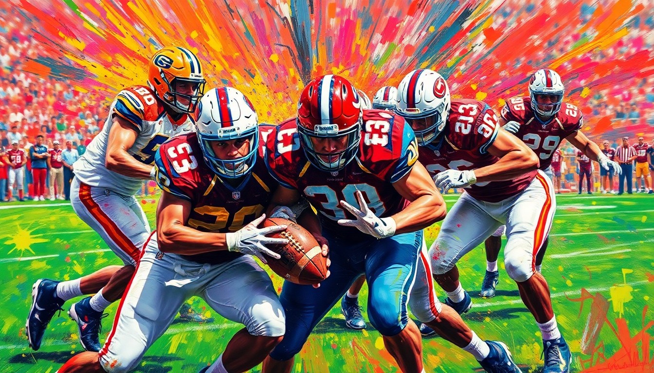 An abstract, expressionist painting featuring bold, vibrant brushstrokes in neon colors that capture the raw energy and physicality of a college football scrimmage, with players' forms dissolving into unrecognizable shapes and splatters.
