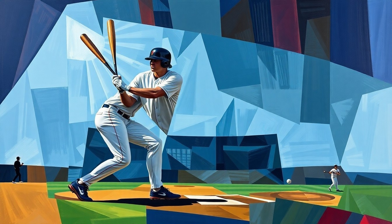A fragmented, geometric painting depicting a baseball player's batting stance and outfield movements, with sharp planes of color and form conceptually representing the incremental progress required to reach the major leagues.