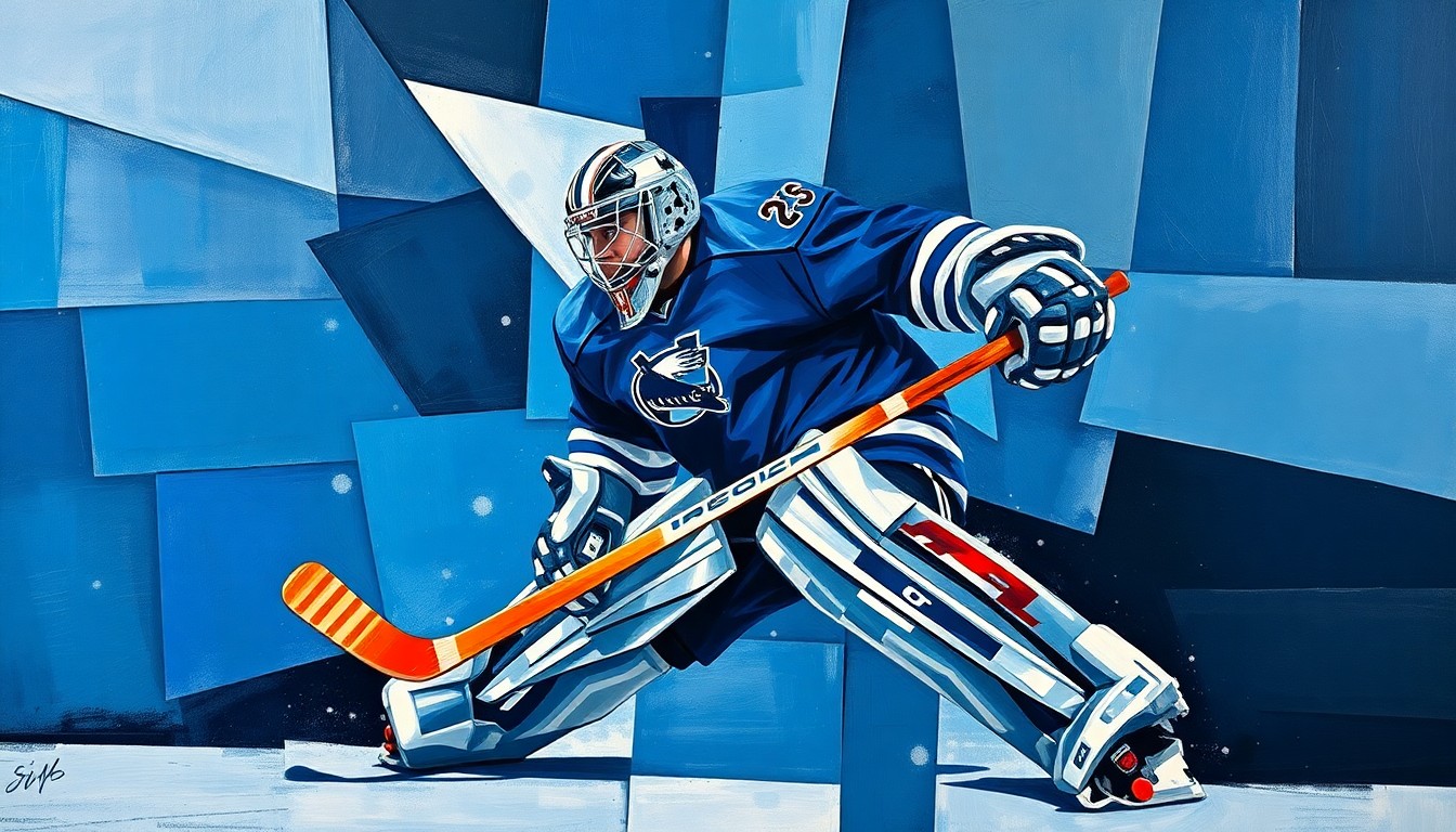 A fragmented, abstract painting depicting a hockey goaltender in motion, with the player's form broken down into sharp, overlapping geometric shapes in shades of blue and silver, conveying the chaotic energy of a high-stakes hockey game.